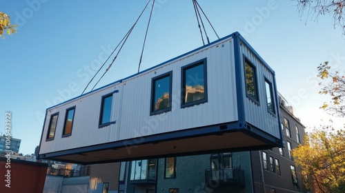 A modular home being crane-lifted into place against a clear blue sky, highlighting modern construction techniques in urban housing development.