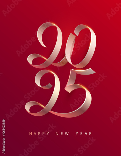 New Years 2025. Christmas calligraphic inscription. White ribbon on red background. Classic elegant numbering design.