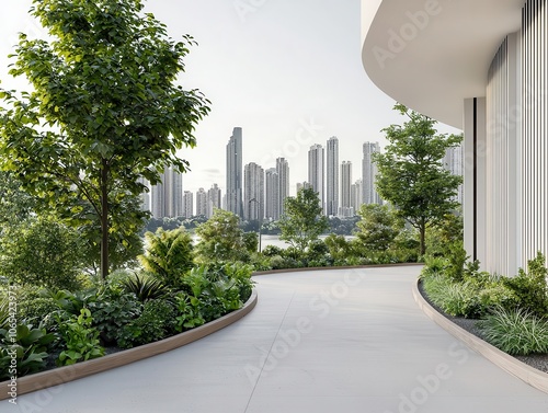 Modern urban park with bicycle path, green spaces and city skyline, daytime, ecofriendly theme photo