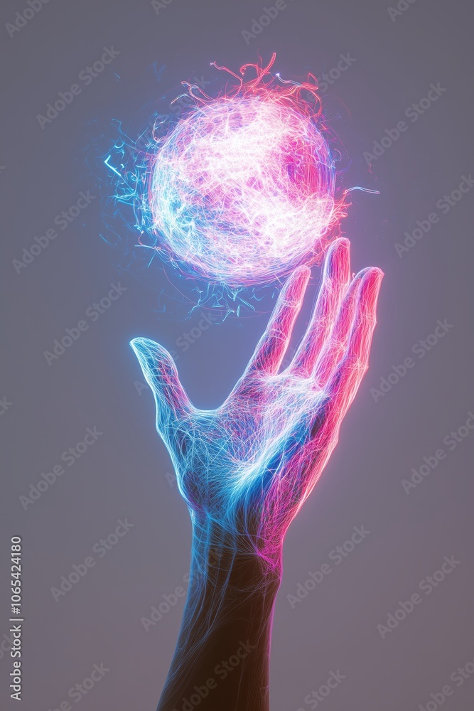 Translucent Power Hand An invisible hand made of light with the palm facing upwards, gently ...