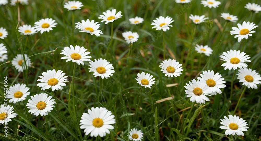 Fototapeta premium Field of daisies with white petals and green grasses