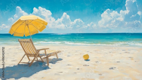 Sunny day on a sandy beach with a striped lounge chair, yellow umbrella, and a ball on the shore, with a clear, open sky in the background.