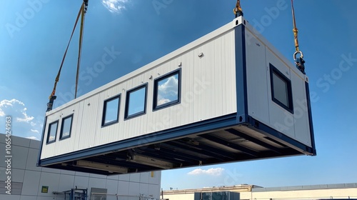 A prefabricated modular building unit being lifted by a crane against a clear blue sky, potentially for construction or temporary office space installation. photo