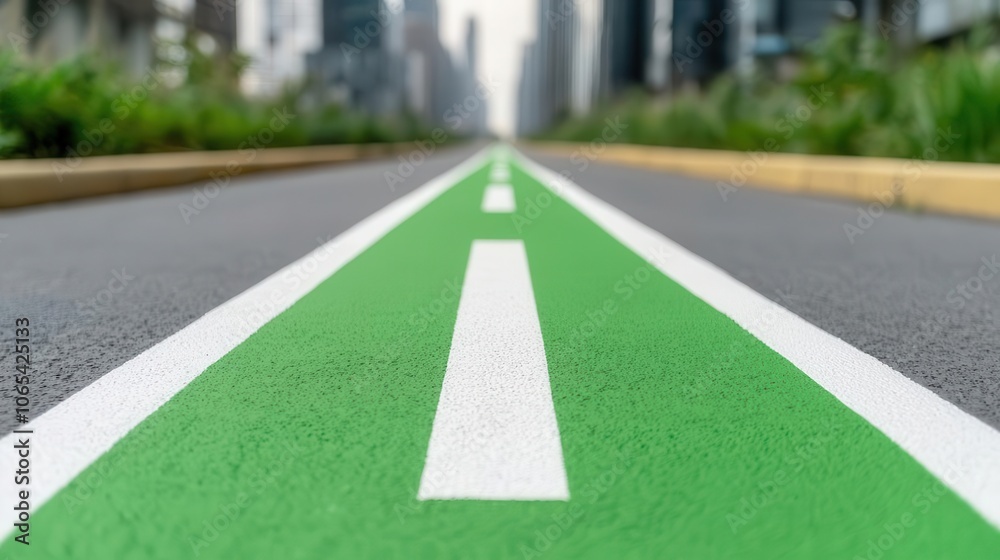 Obraz premium Bicycle path with painted green lanes, highrise buildings in background, ecofriendly commute