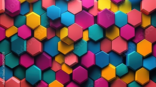 A vibrant, colorful seamless pattern with tessellated hexagons, forming a complex 3D illusion of depth and shifting perspectives, ideal for bold textile prints or striking website backgrounds