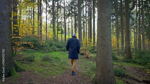 Middle aged man Walking Through a Forest Path