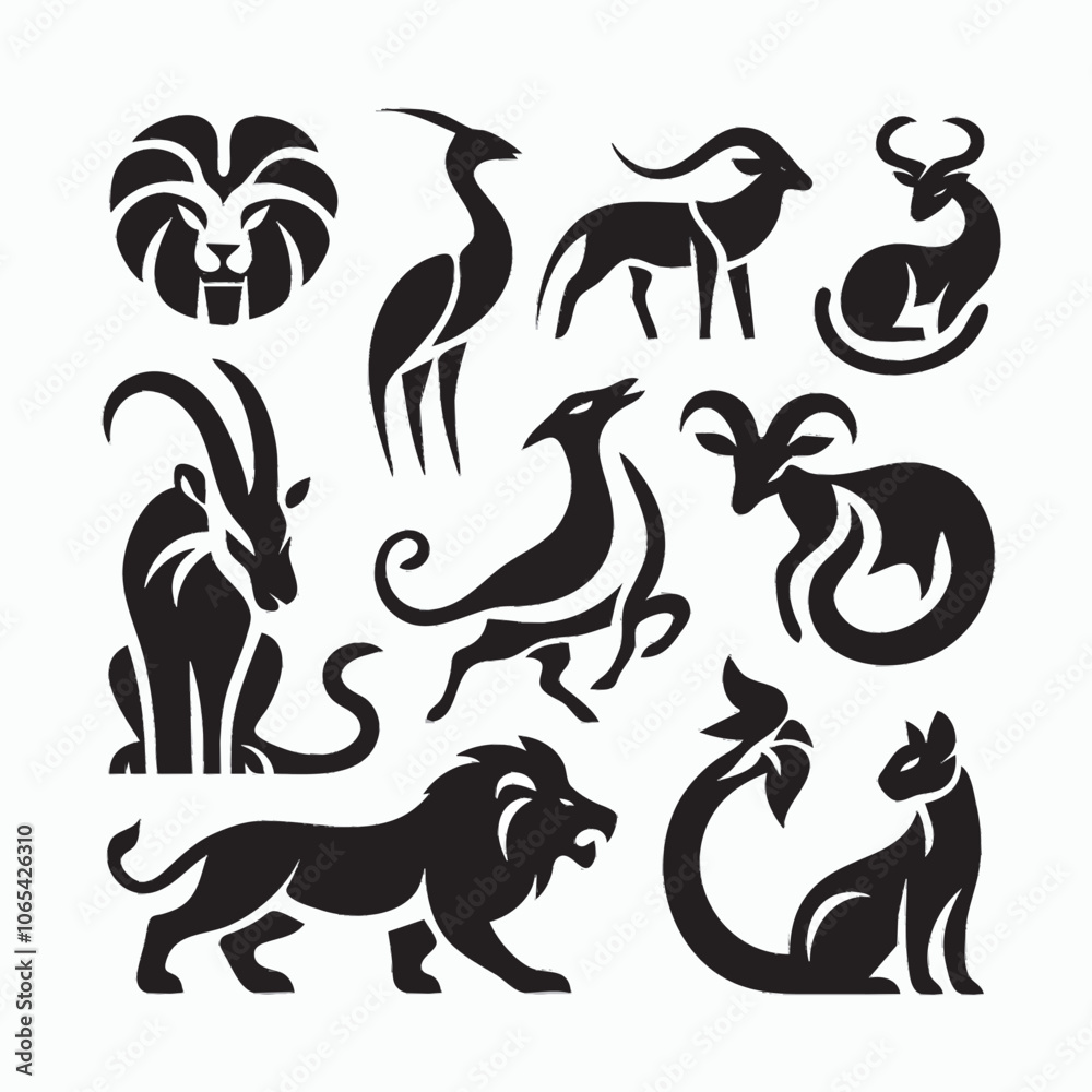 Obraz premium This collection of images features different types of animals in a minimalist style and black silhouettes.