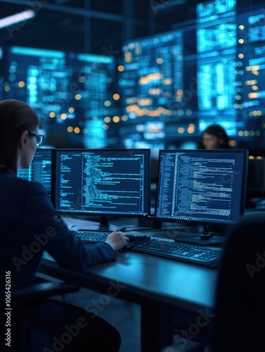 Tech Professional Analyzes Data Trends on Multiple Monitors