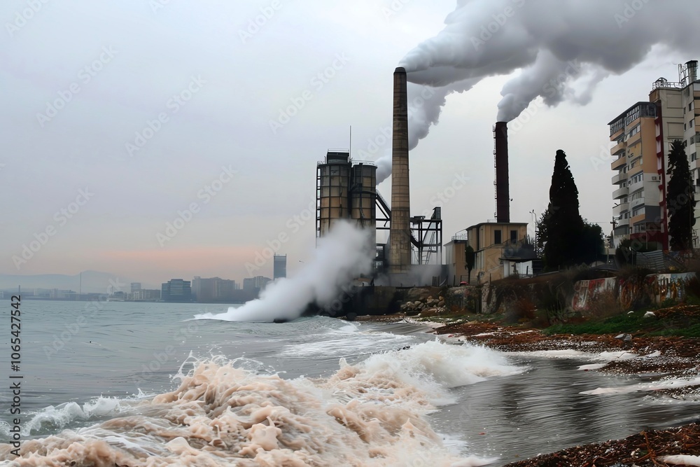 Fototapeta premium Industrial factory by the sea with smoke stacks releasing emissions against a cloudy sky.