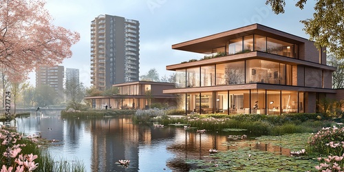 Modern homes by a serene lakeside with city skyline, reflecting water, and lush greenery enhancing the tranquil urban landscape. photo