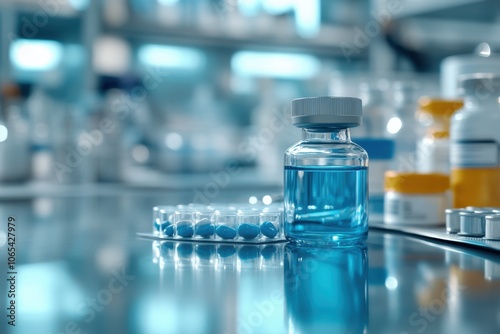 Laboratory scene with a vial of blue liquid and pills on a reflective surface photo