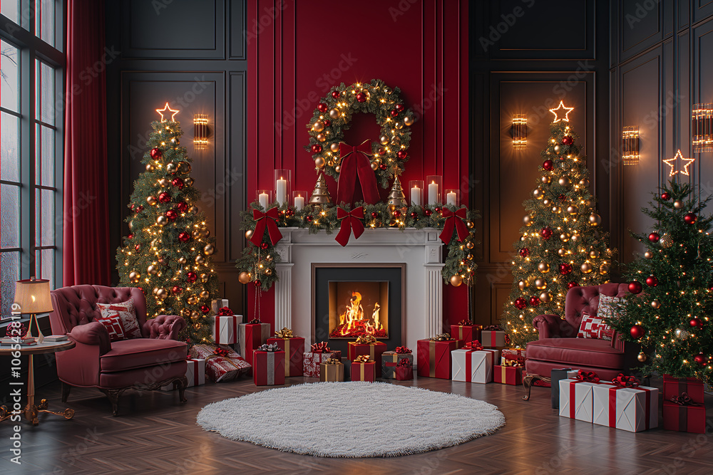 A cozy living room with a fireplace and Christmas trees A cozy living room with a fireplace and Christmas trees