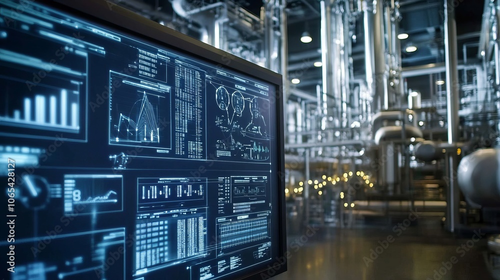 Fototapeta premium Industrial control room displaying data and analytics on monitors.