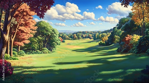 A Vibrant Autumnal Landscape with Rolling Hills and Lush Greenery photo