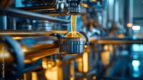 Industrial scene with liquid flowing through pipes and machinery. photo