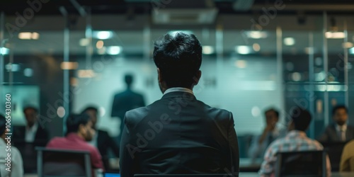 Indian Man Giving Presentation in Modern Office Space, Blurred Audience Listening from Behind