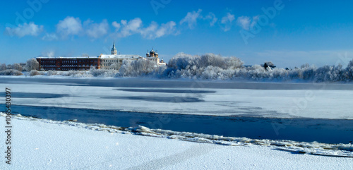 Veliky Novgorod Russia. Cathedral of the Resurrection of Derevyanitsky Monastery in sunny winter day in Veliky Novgorod, Russia photo