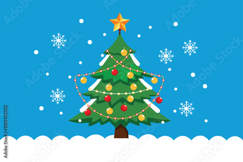 Christmas tree with snow, Christmas Tree Décor with Snow, Light Chain, and golden star.