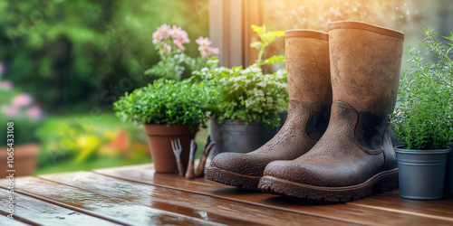 gardening work boots on table with gardening tools photo