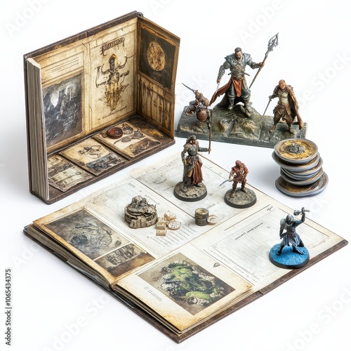 Role-playing game tabletop setup, miniatures on character sheet, fantasy theme, isolated on white background photo