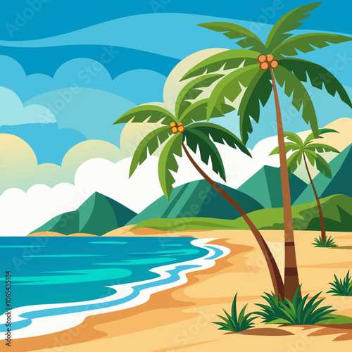 A vibrant tropical beach scene featuring palm trees swaying in the breeze, a tranquil blue ocean, and lush green mountains in the background.