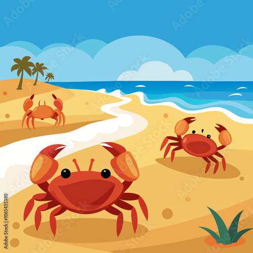 A cheerful illustration featuring three red crabs on a sunny beach with palm trees and waves. This fun and whimsical scene is perfect for adding a touch of tropical charm to your projects.