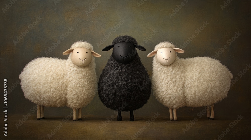 Fototapeta premium A lone black sheep stands confidently in the middle of a line of white sheep, symbolizing individuality and nonconformity.