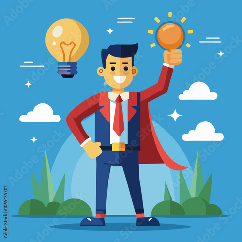 A cheerful businessman with a red cape, holding a lightbulb above his head, signifying creativity and innovation. This vibrant illustration is perfect for representing success, leadership.