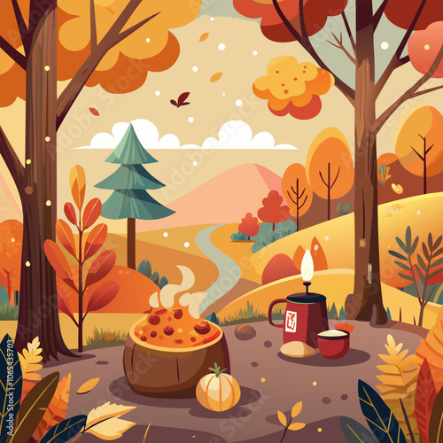 A charming autumn landscape with a cozy campfire, a steaming pot, and a mug of hot drink. Perfect for creating a warm and inviting atmosphere in your designs.