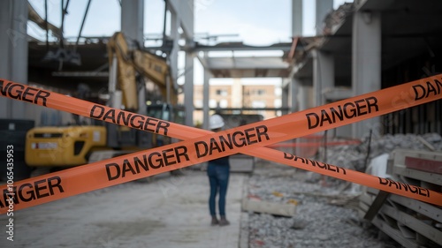 Construction site with danger tape barrier photo