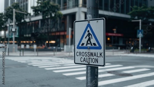 Crosswalk caution sign on urban street photo