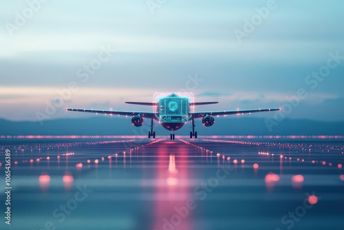 Smart airplane, techinfused runway, sleek design, holographic interface lights photo