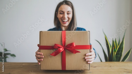 Woman unwrapping a gift with excitement photo