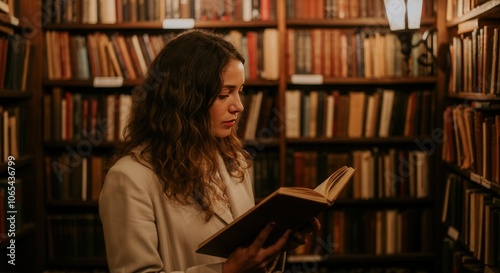 Woman reading book in cozy library setting