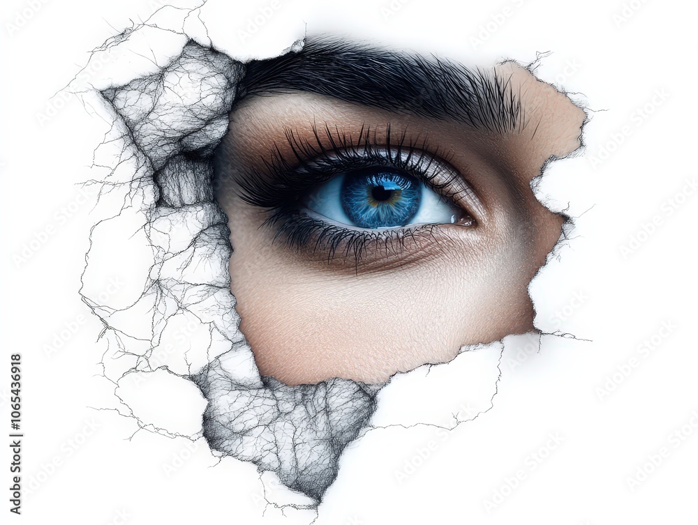 Obraz premium A hyper-realistic eye peers through a fascinating mix of artistic lines and textures, blending human anatomy with an intricate abstract design aesthetic.