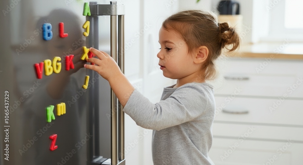 Little girl playing with alphabet magnets on refrigerator
