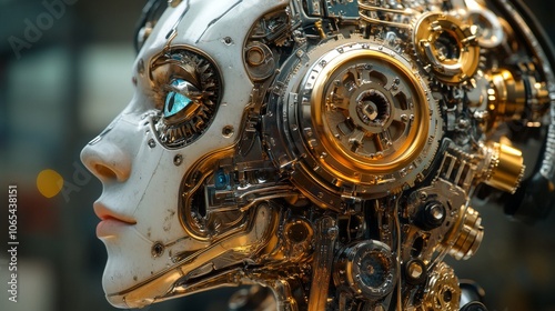 Close-up of a Mechanical Android's Head with Exposed Gears and a Blue Eye