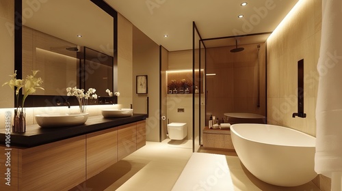 Modern Ensuite bathroom with sleek timber vanity black fixtures pillshaped mirrors and minimalist design create a sophisticated spalike retreat  photo