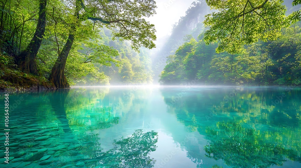 Fototapeta premium Serene River Reflecting Lush Green Trees in a Misty Forest.