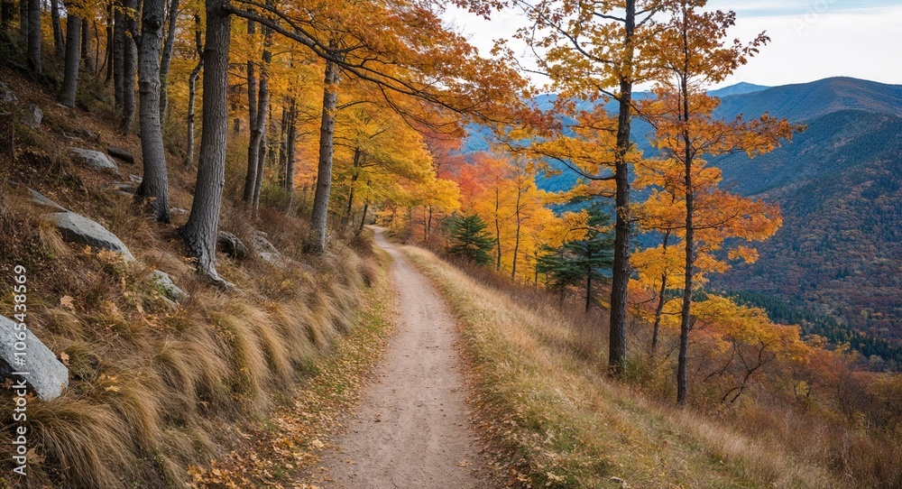 Mountain trail with autumn leaves crisp air winding path Mountain trail with autumn leaves crisp air winding path