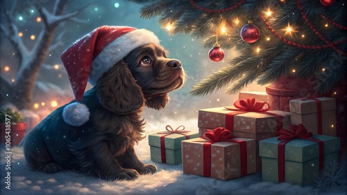 Adorable Puppy in Santa Hat by Christmas Tree and Presents