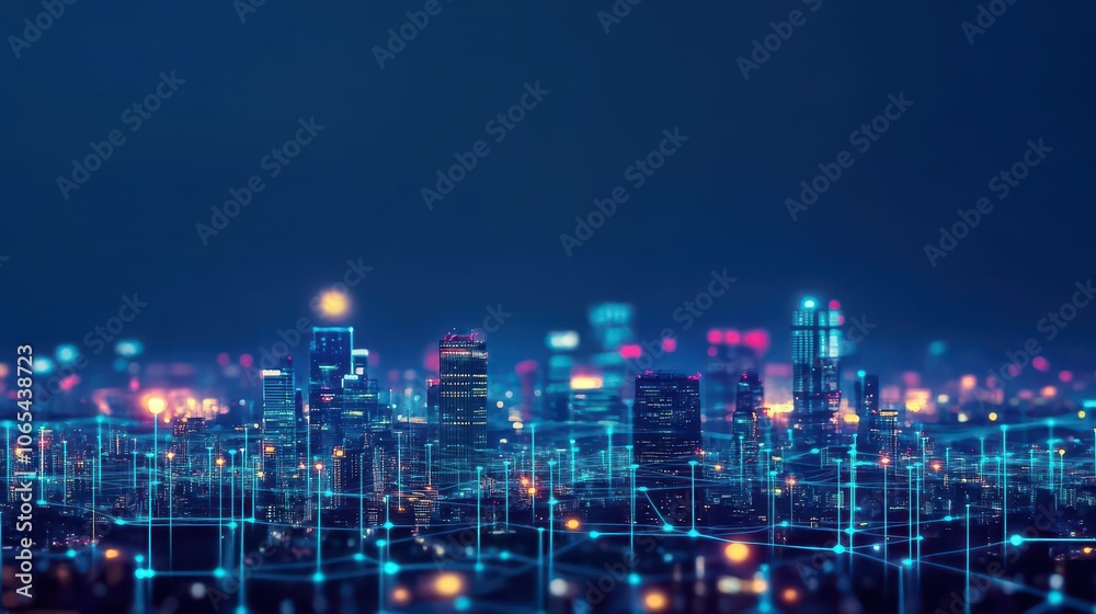 Fototapeta premium Glowing lines, cyberpunk cityscape, deep night colors, high contrast