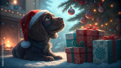 Adorable Puppy in Santa Hat by Christmas Tree and Presents