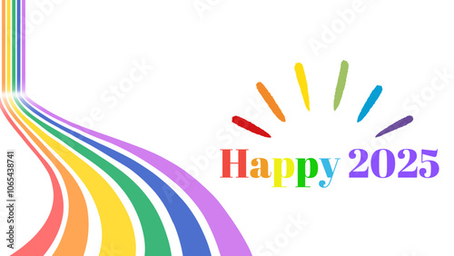 Happy 2025 background with rainbow letters and a rainbow