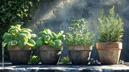 Four potted herbs in terracotta pots against a weathered wall photo