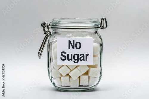 Glass jar filled with sugar cubes displaying a contradictory  no sugar  sign on white background healthy eating concept