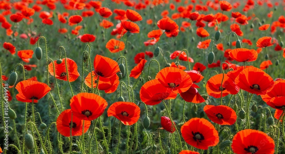 Naklejka premium Poppy field with vivid red flowers and green stems swaying