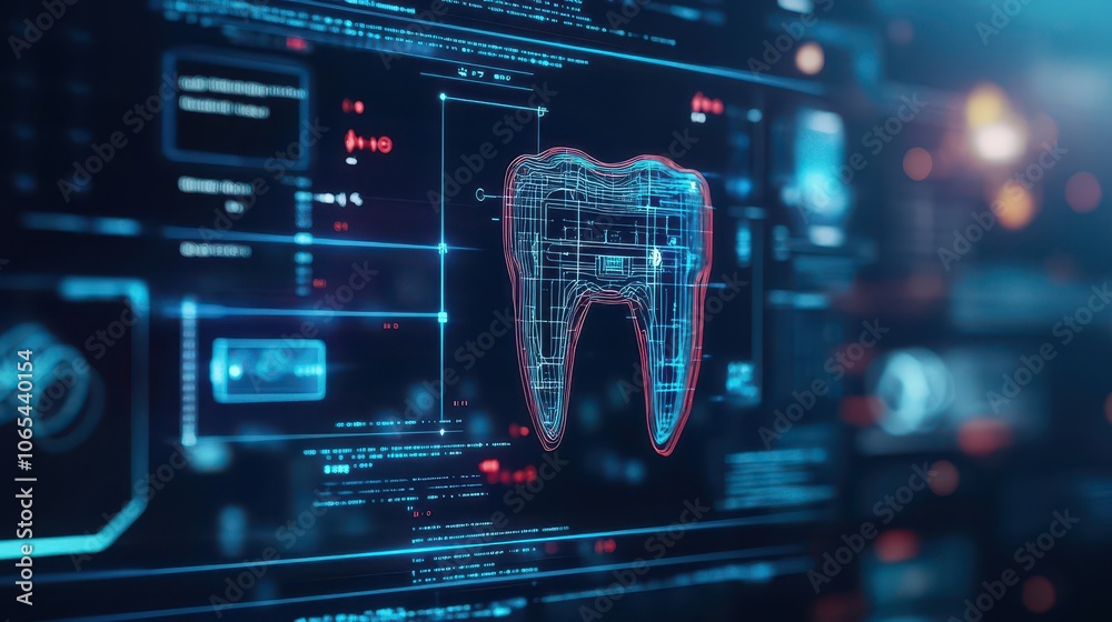 Obraz premium Digital tooth network, floating holograms, advanced AI interface, dark background