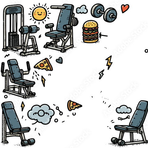 Leg press machine doodle set vector