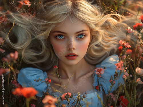 A young woman with long blonde hair wearing a blue dress and a blue ribbon tied around her waist, lying on her stomach with her hands behind her head, surrounded by pink flowers. Alice in wonderland photo